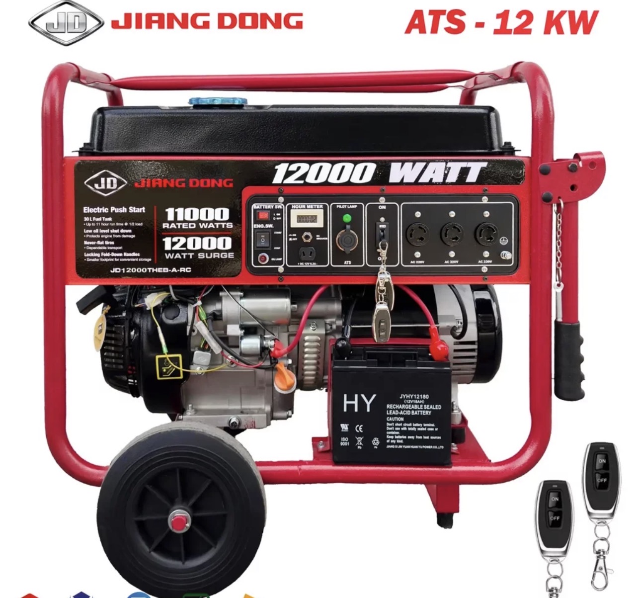 موتور برق جیانگ دانگ 12 کیلووات مدل JD12000THEB-A-RC ریموت دار  دارای موتور قدرتمند به توان 21 اسب است که در حالت اوج به خروجی برق 12000 وات میرسد. حجم مخزن سوخت 30 لیتر است که باعث بالا رفتن کارایی موتور در حدود 20 ساعت میشود.موتور برق جیانگ دونگ مدل JD 12000 THEB