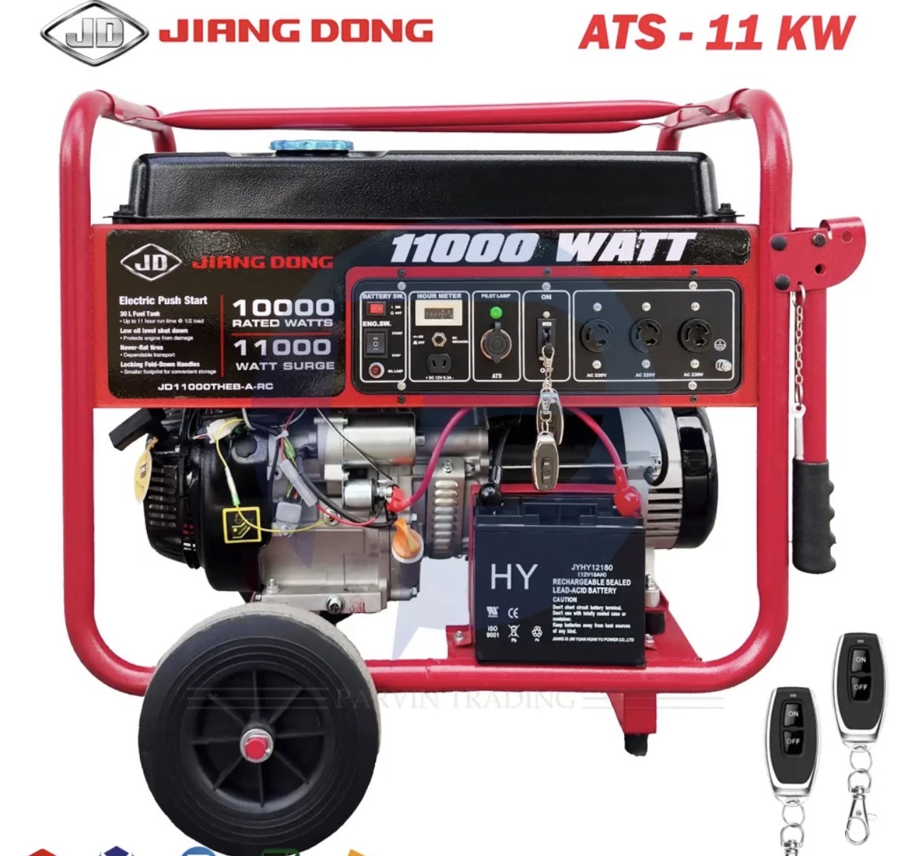 موتور برق جیانگ دانگ 11 کیلووات مدل JD11000THEB-A-RC ریموت دار  دارای موتور قدرتمند به توان 20 اسب است که در حالت اوج به خروجی برق 11000 وات میرسد. حجم مخزن سوخت 30 لیتر است که باعث بالا رفتن کارایی موتور در حدود 20 ساعت میشود.موتور برق جیانگ دونگ مدل JD 11000 THEB